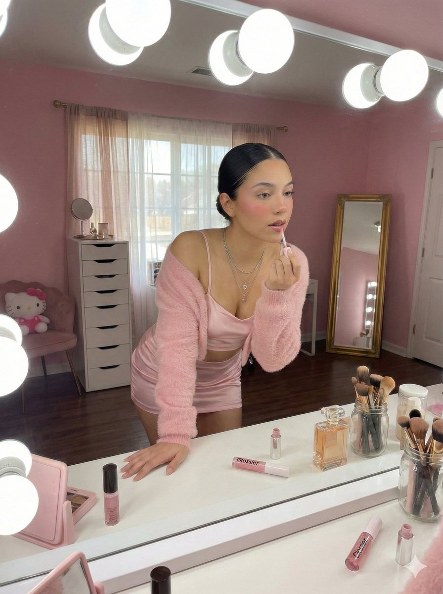 Feminine Pink Vanity Makeup Routine - Beauty Portrait Nano Banana提示词