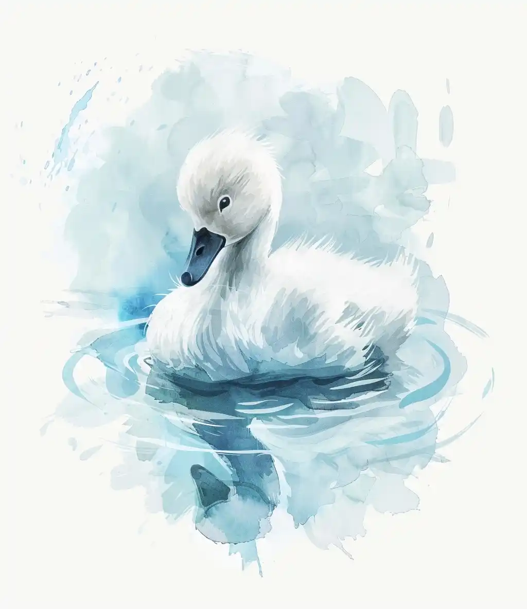 Watercolor Baby Swan Lake Midjourney提示词