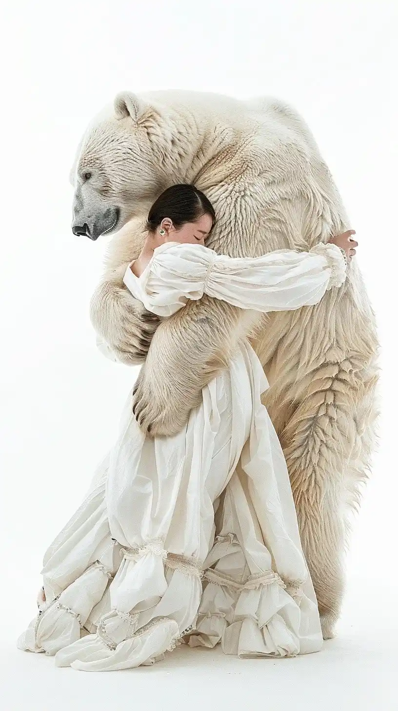 Jumping Woman with Polar Bear Midjourney提示词