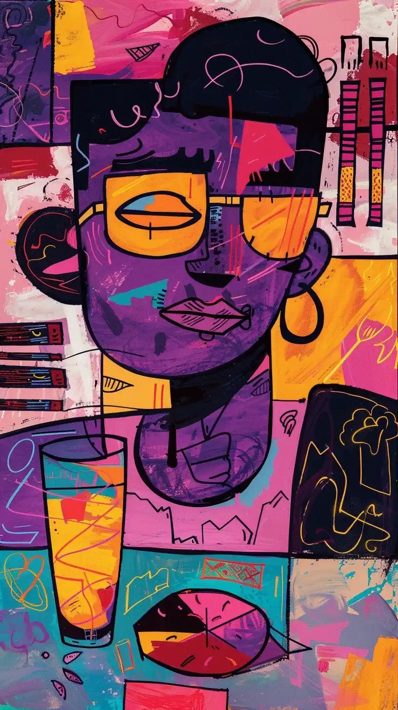 Basquiat-Style Icons Purple Grid Midjourney提示词