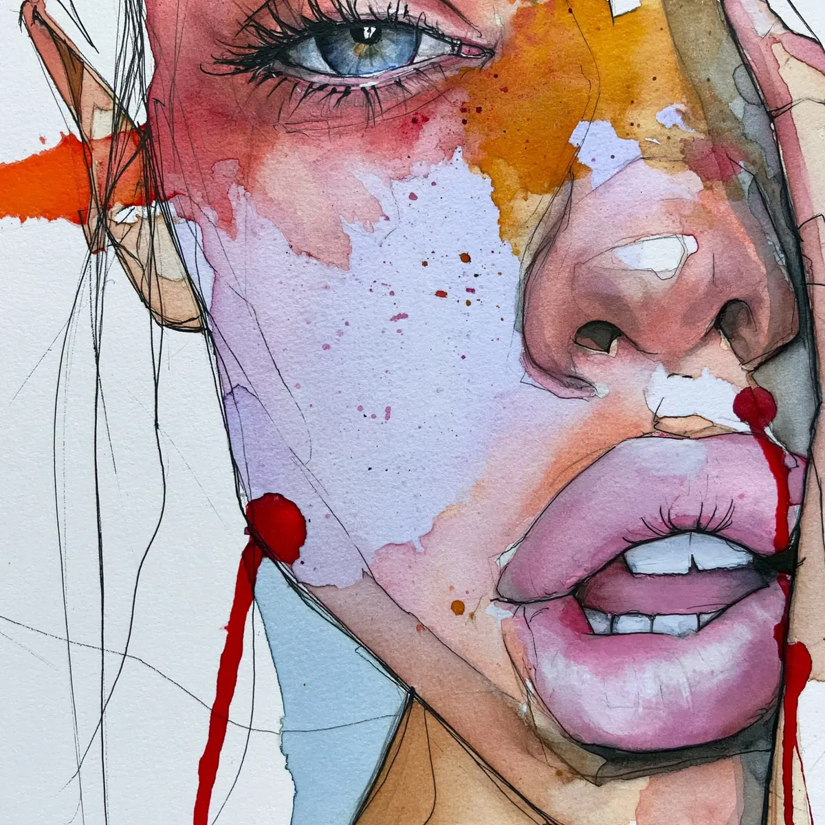 Watercolor Fineliner Face Closeup Midjourney提示词