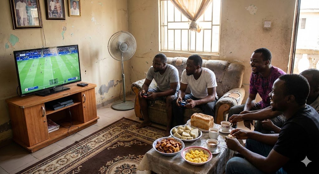 Friends Gaming Football & Enjoying Snacks in Living Room Nano Banana提示词