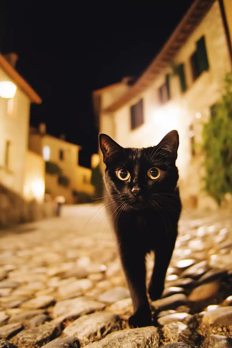 Film Photography Stray Cat Nightwalk Midjourney提示词