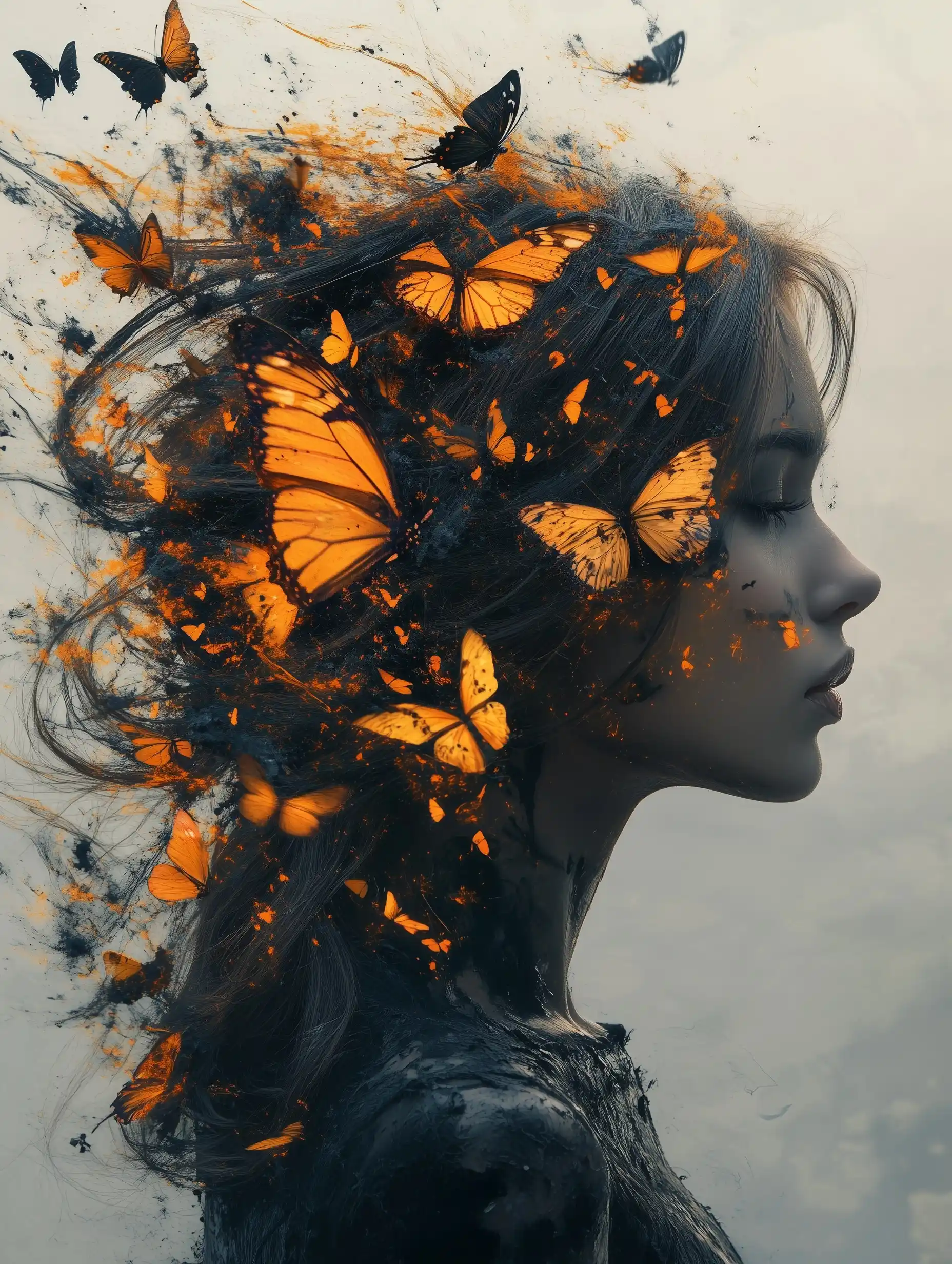 Surreal Woman with Paint Splatter Midjourney提示词