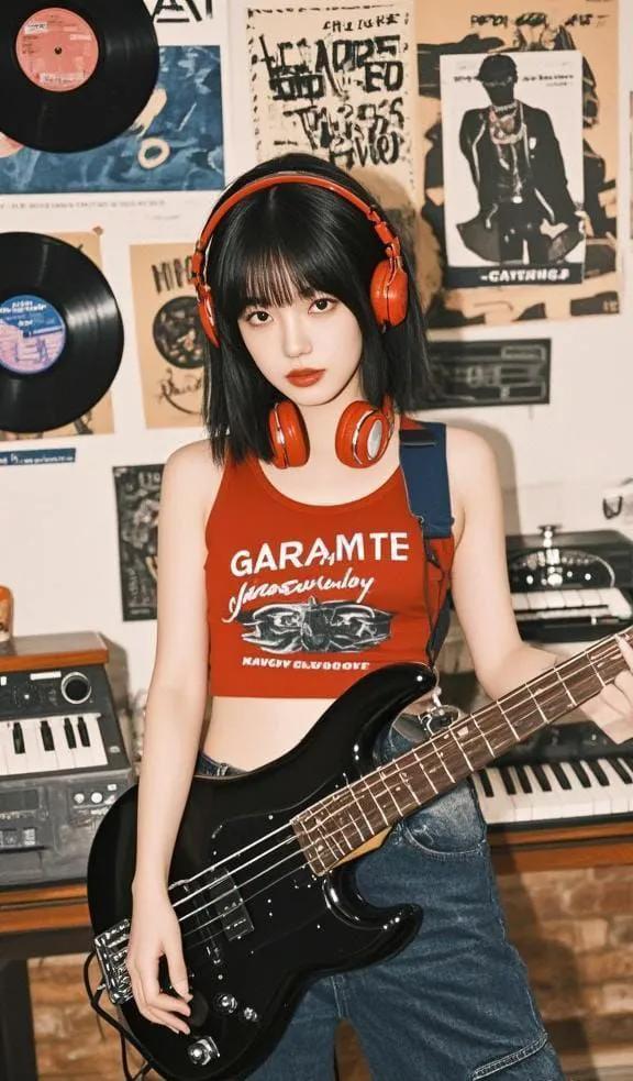 Young Woman with Bass Guitar & Headphones - Retro Portrait Nano Banana提示词