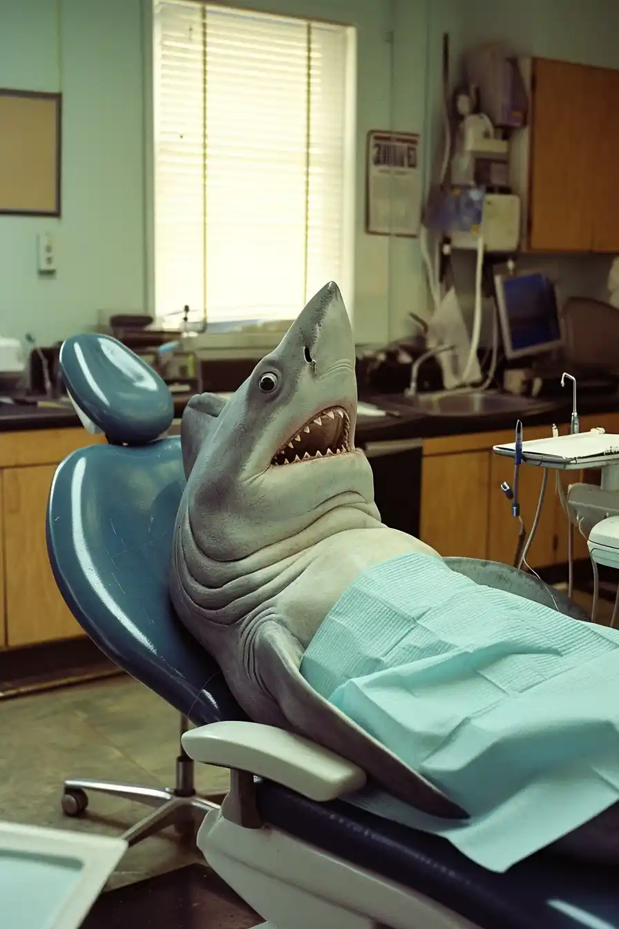 Relaxed Shark in Dentists Chair Midjourney提示词