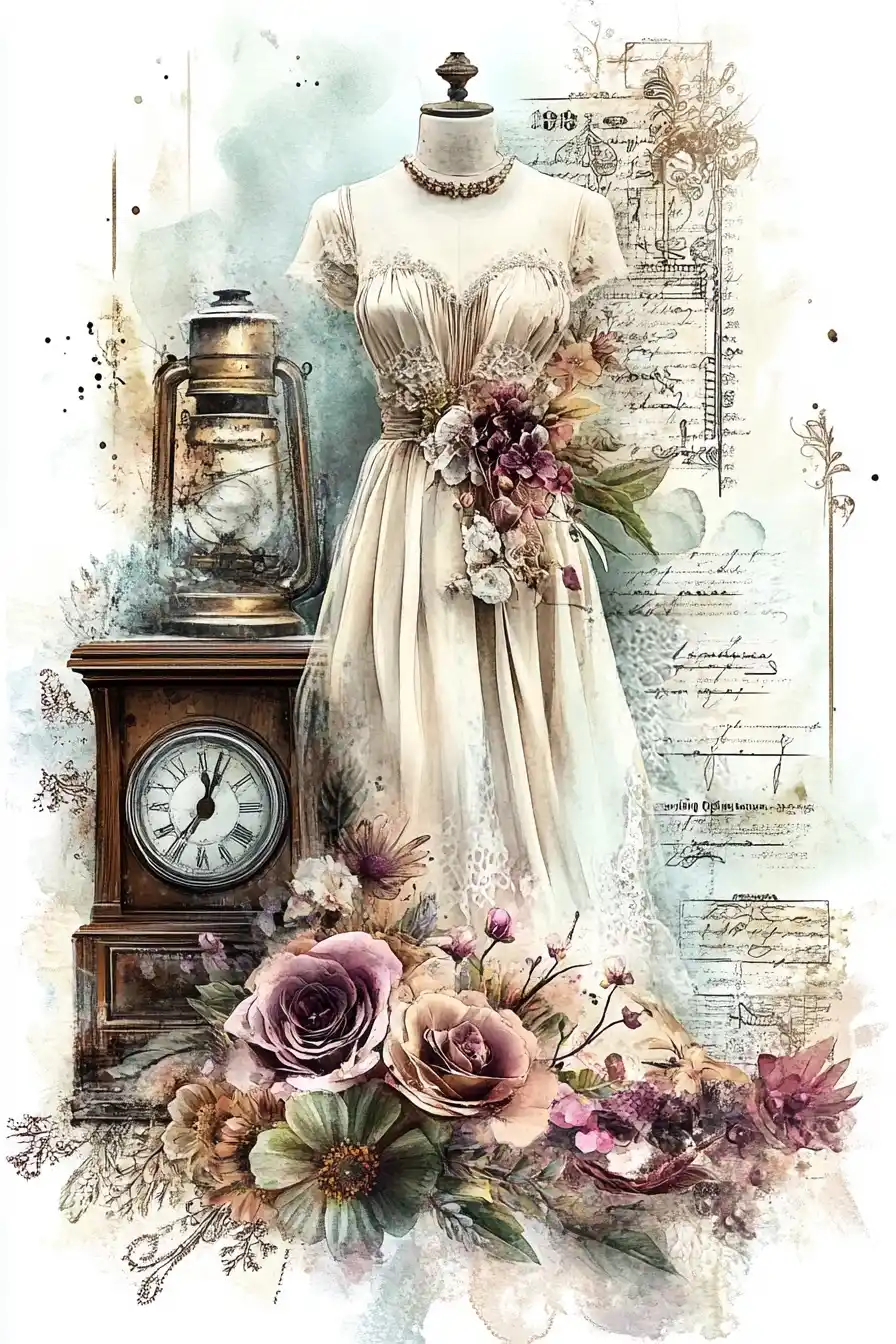 Antique Sewing Patterns Watercolor Midjourney提示词