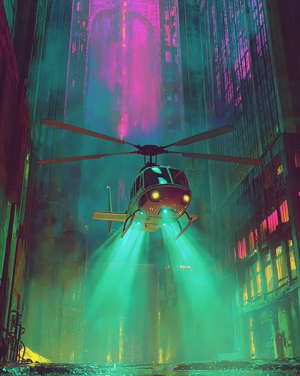 Helicopter Spotlight in Brutalism Midjourney提示词