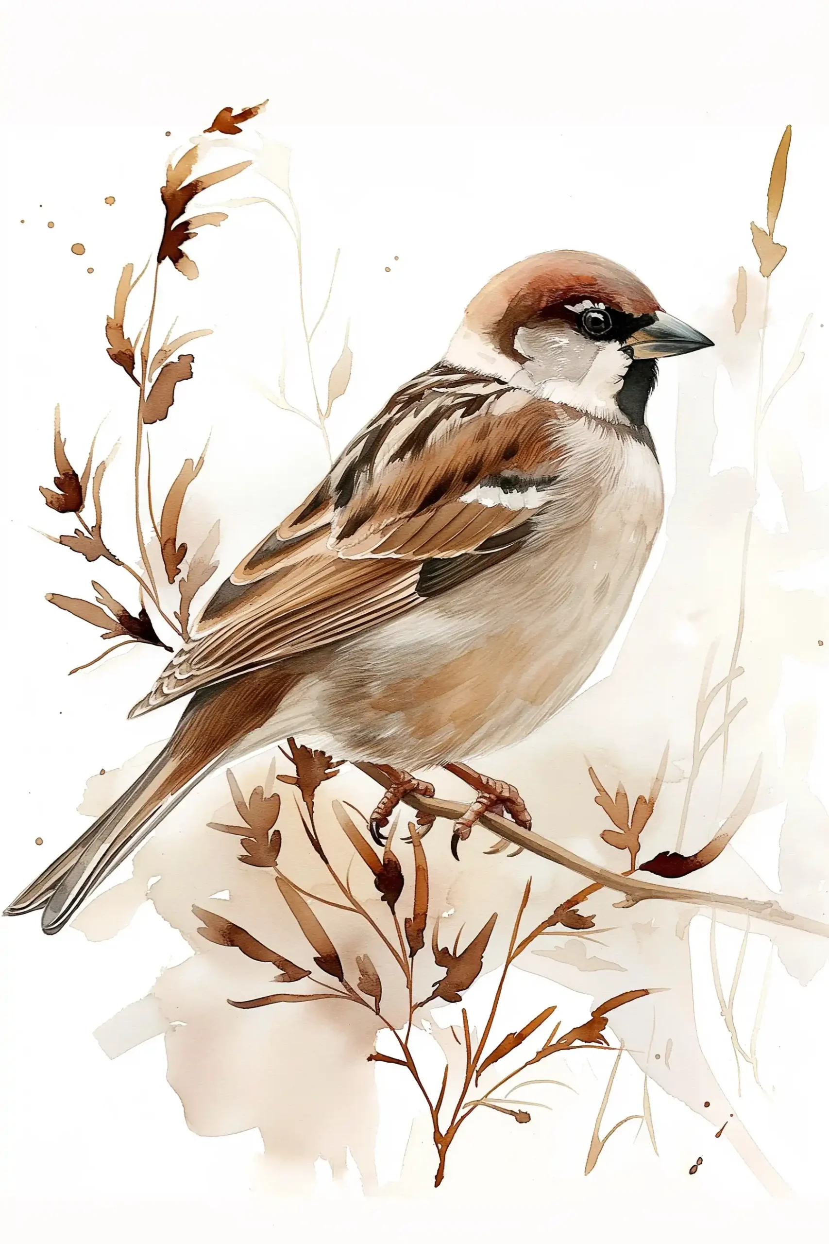 Watercolor Sparrow on Page Midjourney提示词
