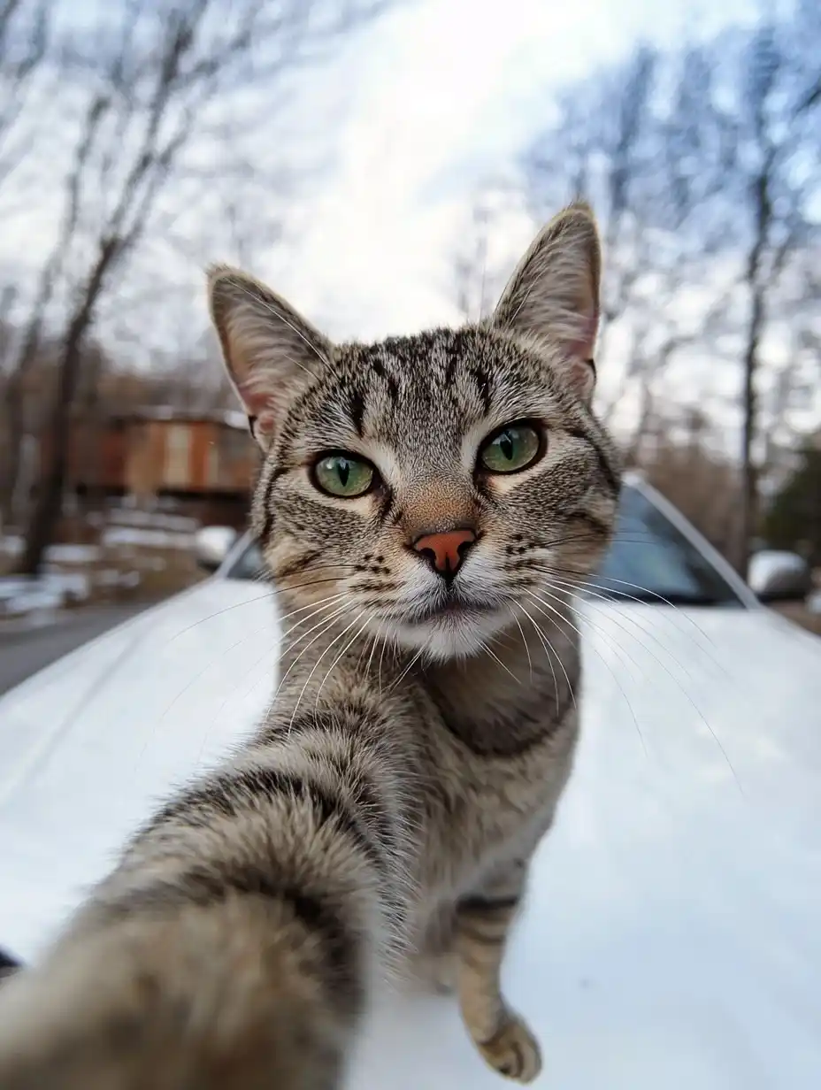 Selfie Cat by Car Midjourney提示词