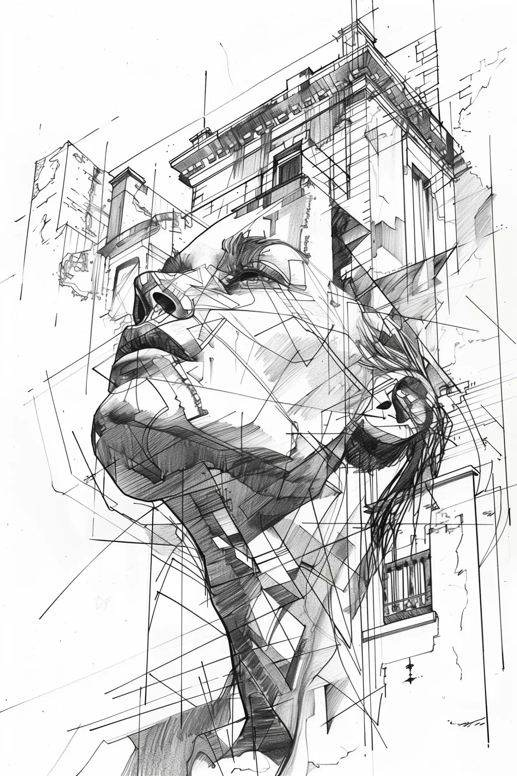 Monotone Architectural Line Sketch Midjourney提示词