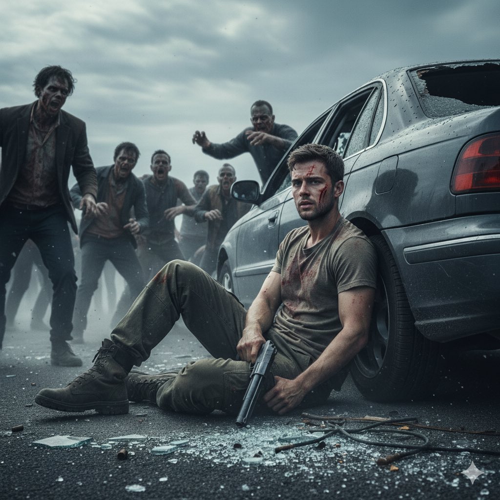 Intense Cinematic Zombie Apocalypse Survivor Scene Nano Banana提示词