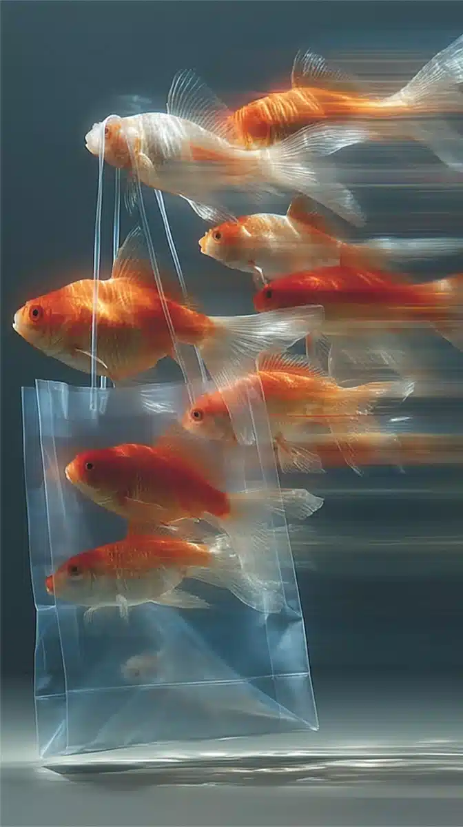 Surreal Goldfish in Bag Midjourney提示词