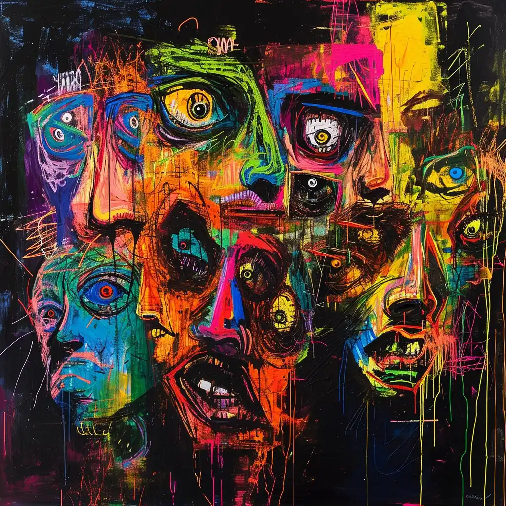 Distorted Neon Faces Midjourney提示词