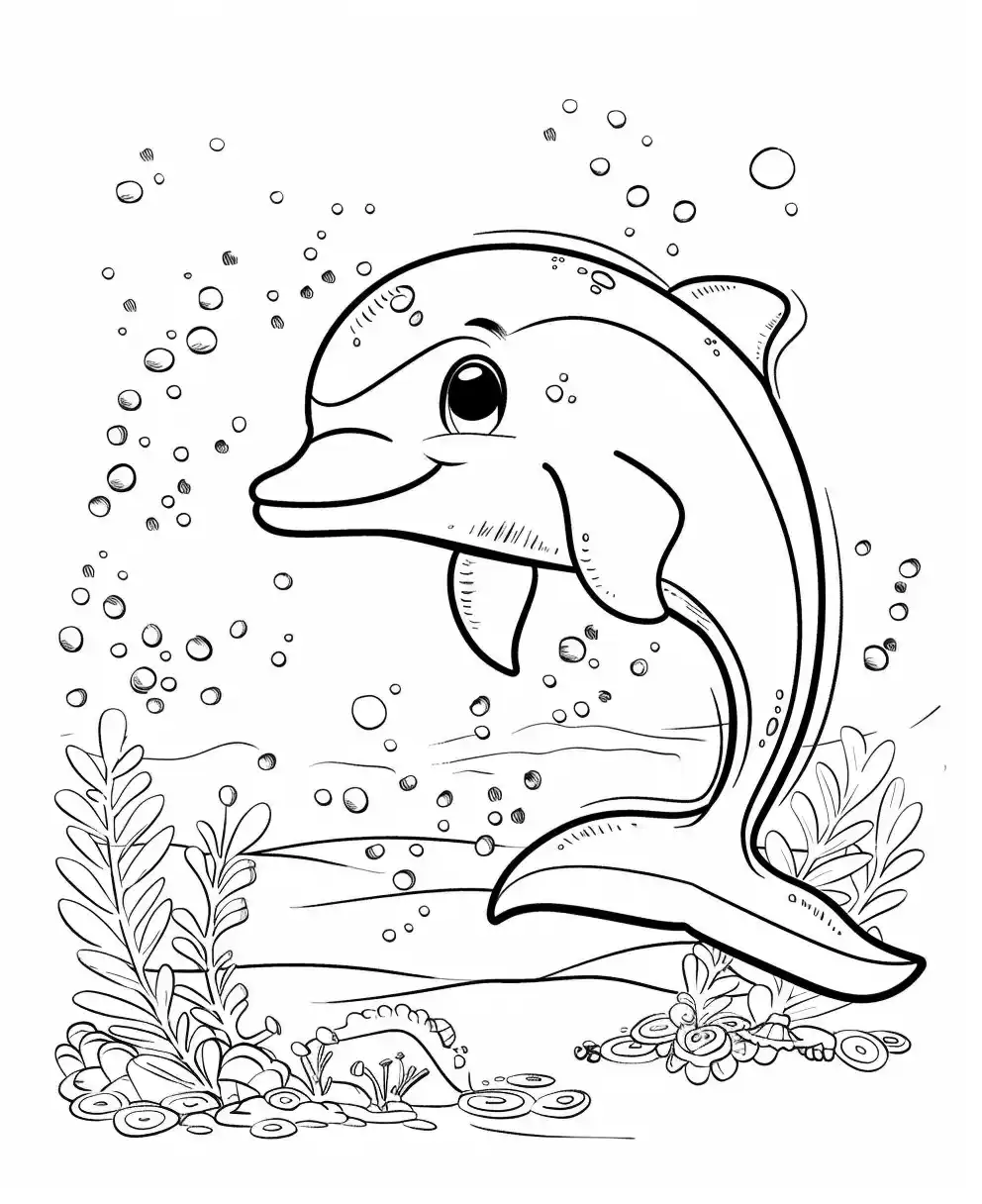 Cartoon Dolphin Coloring Page Midjourney提示词