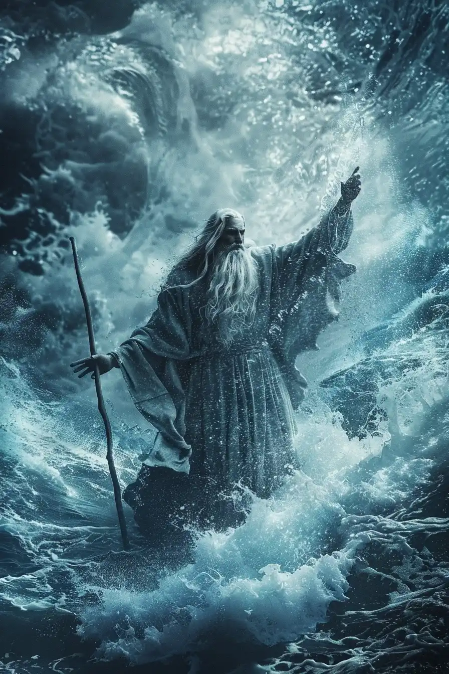Dramatic Moses Parting Sea Midjourney提示词