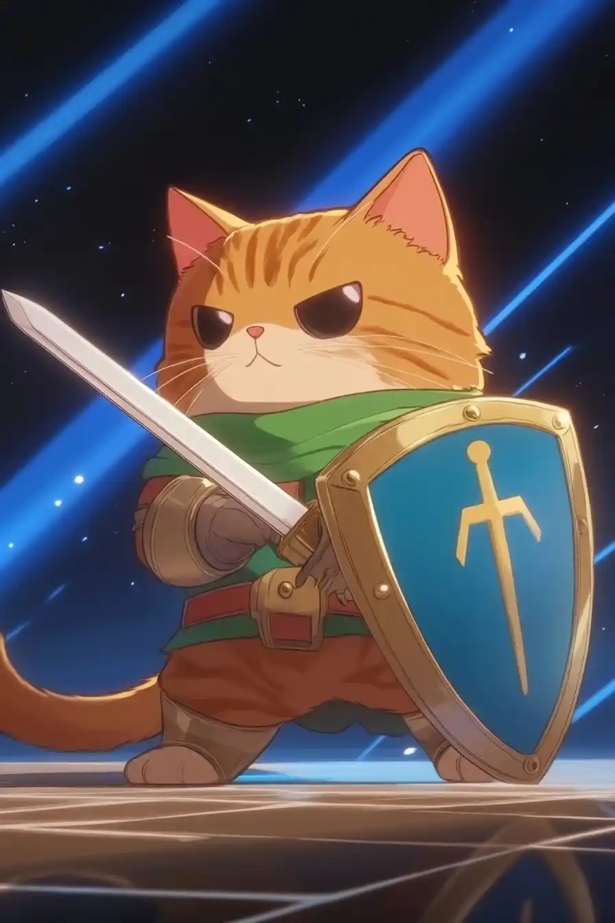 Cat Knight with CRT Sword Midjourney提示词