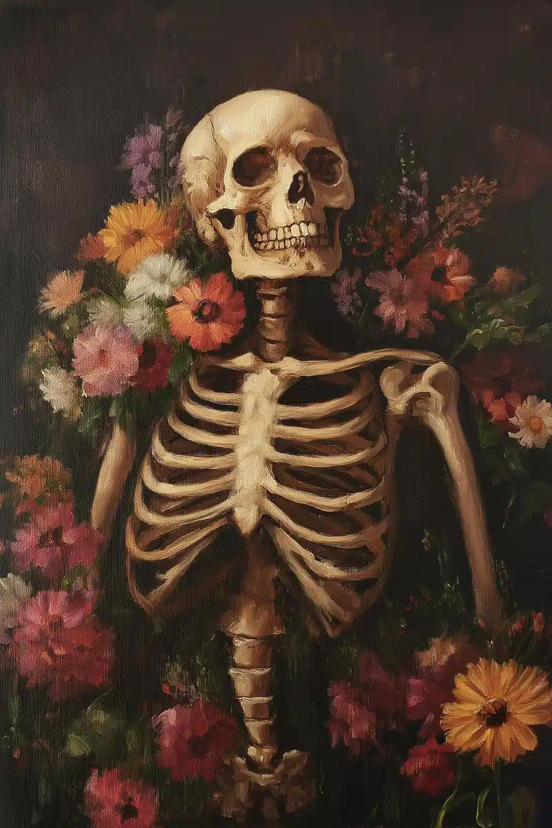 Skeleton Surrounded by Flowers Midjourney提示词