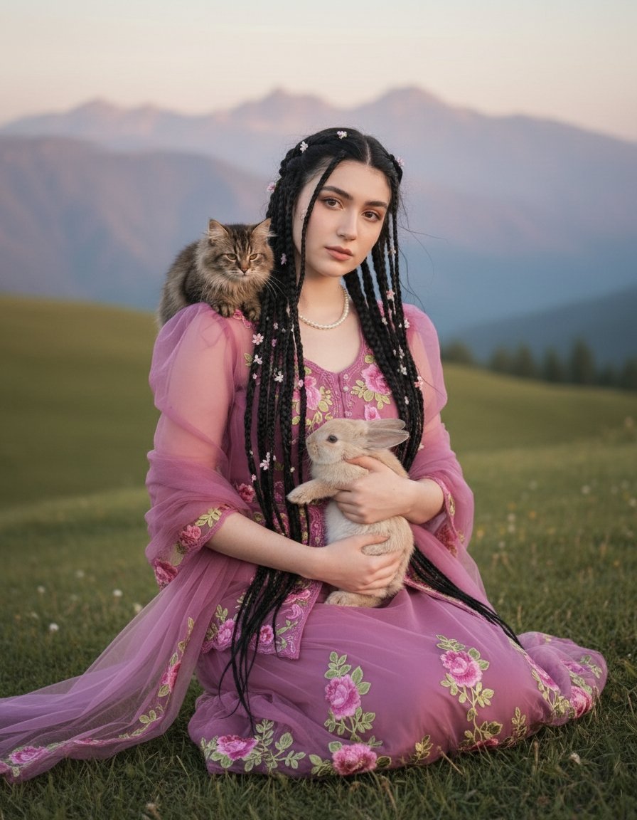 Serene Portrait: Woman, Cat, Rabbit, Folkloric Dress, Nature Nano Banana提示词