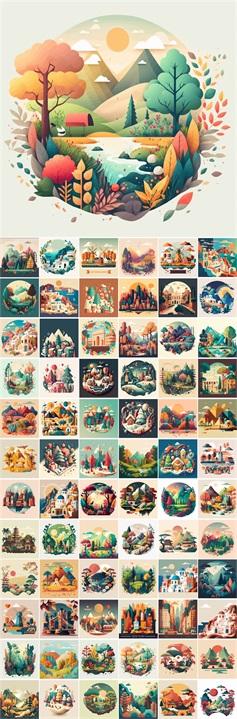 73卡通手绘风景场景插图AI格式2023910