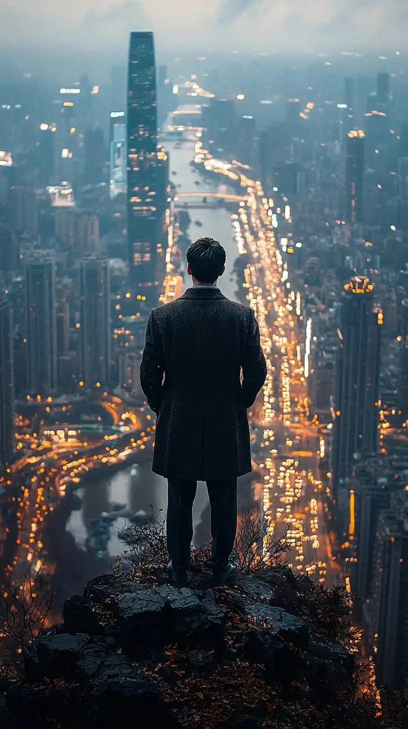 Businessman on Skyscraper Chinese Aesthetic Midjourney提示词