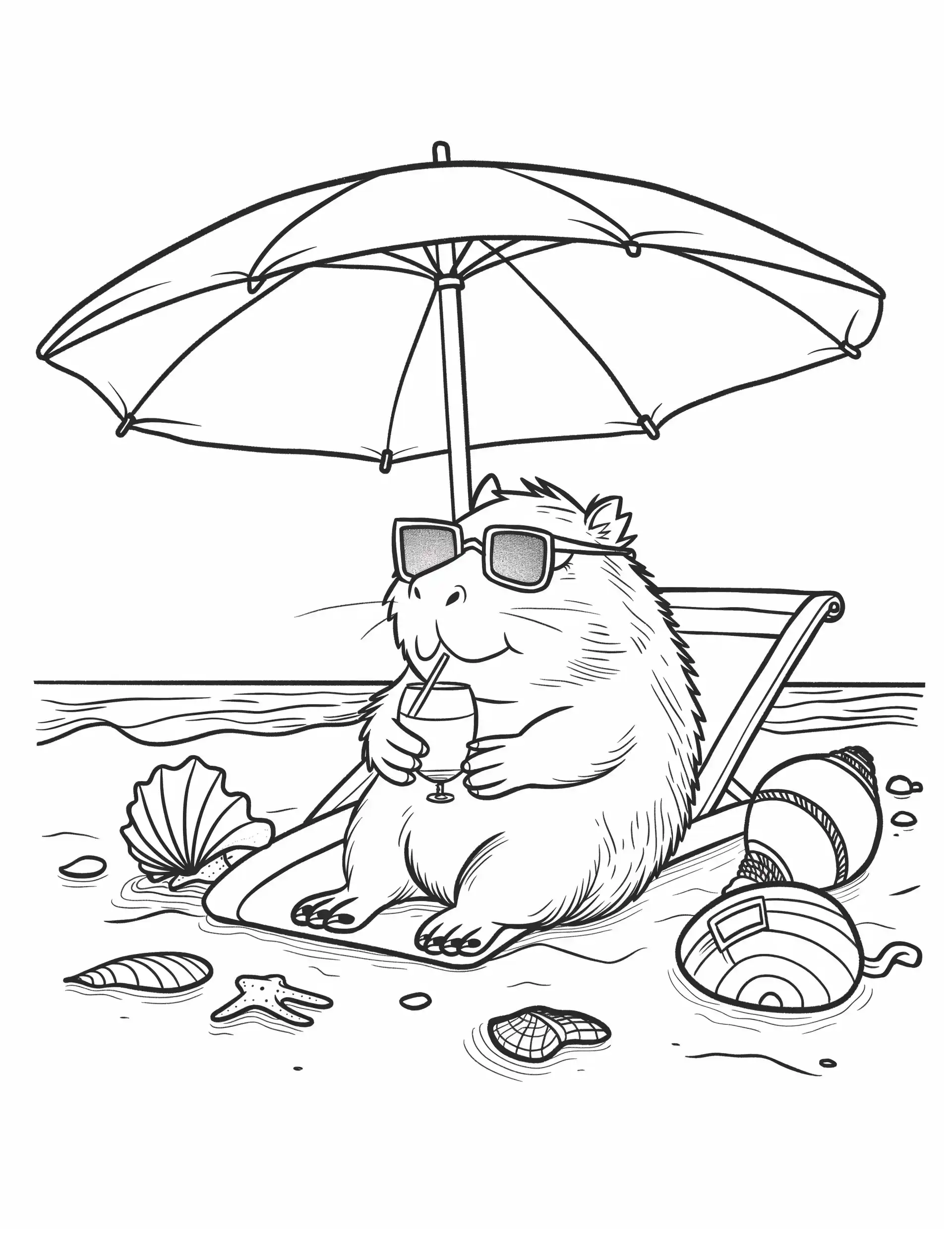 Cute Capybara Beach Coloring Midjourney提示词