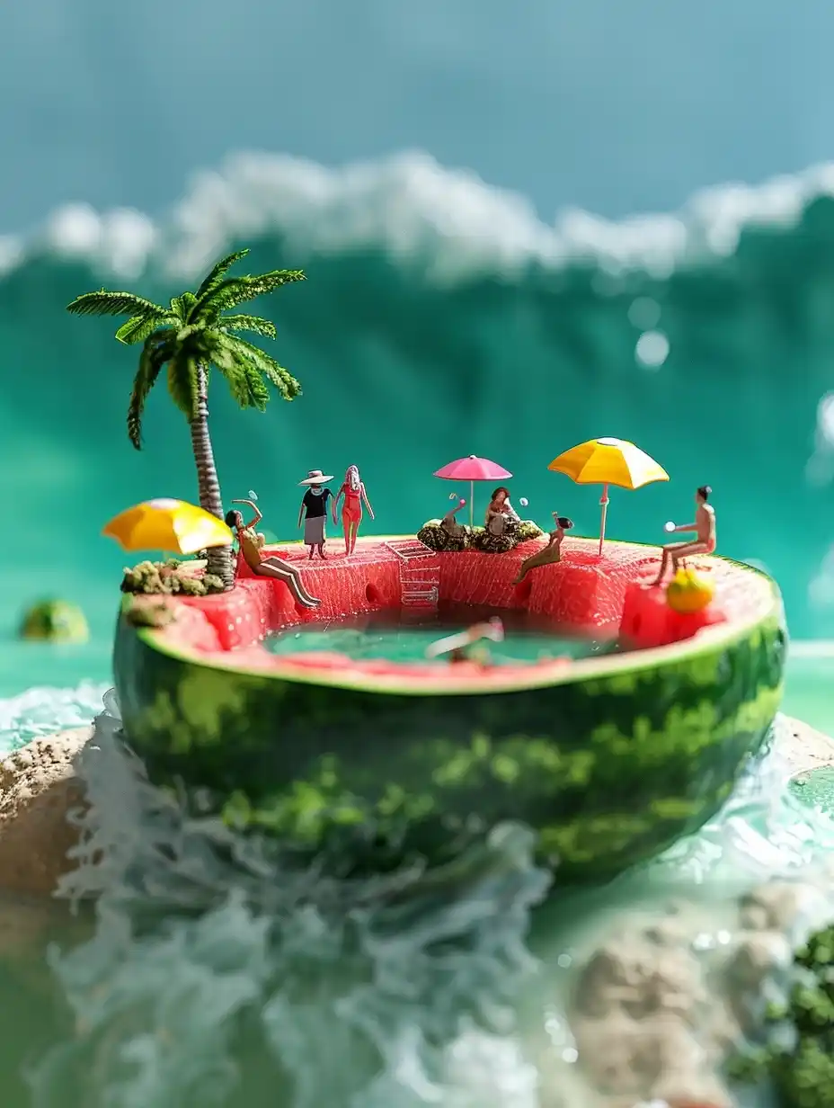 Miniature Melon Beachscape Midjourney提示词