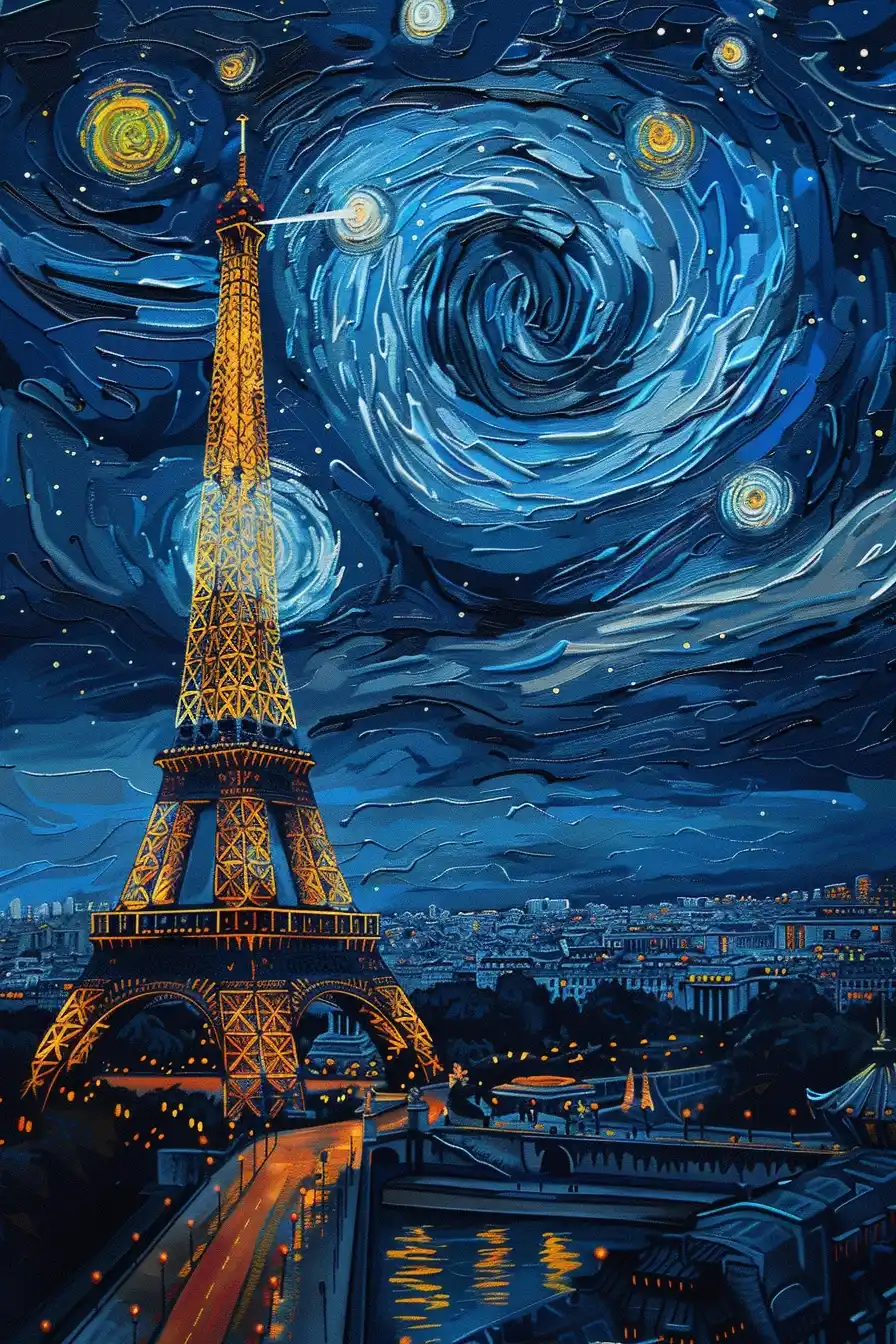 Realistic Eiffel Tower Van Gogh Sky Midjourney提示词