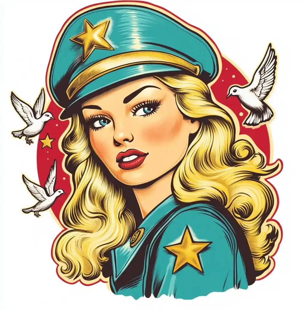 Cartoon Woman in Military Hat Midjourney提示词