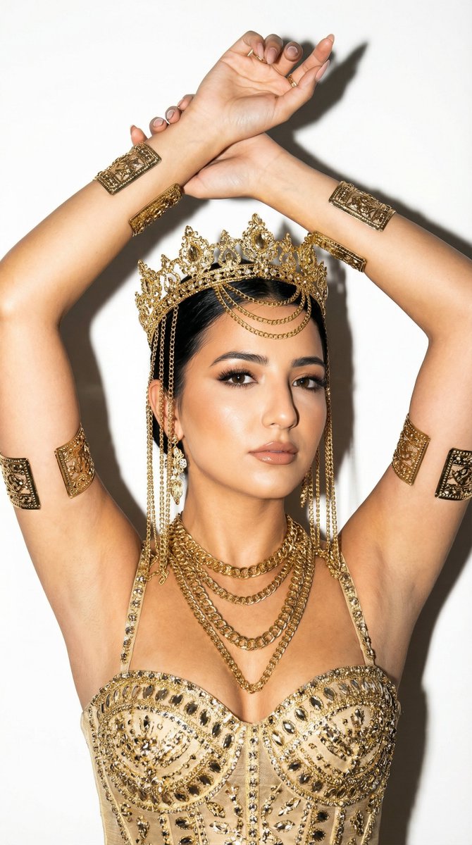 Regal Gold Fashion Portrait: Woman in Opulent Crown Nano Banana提示词