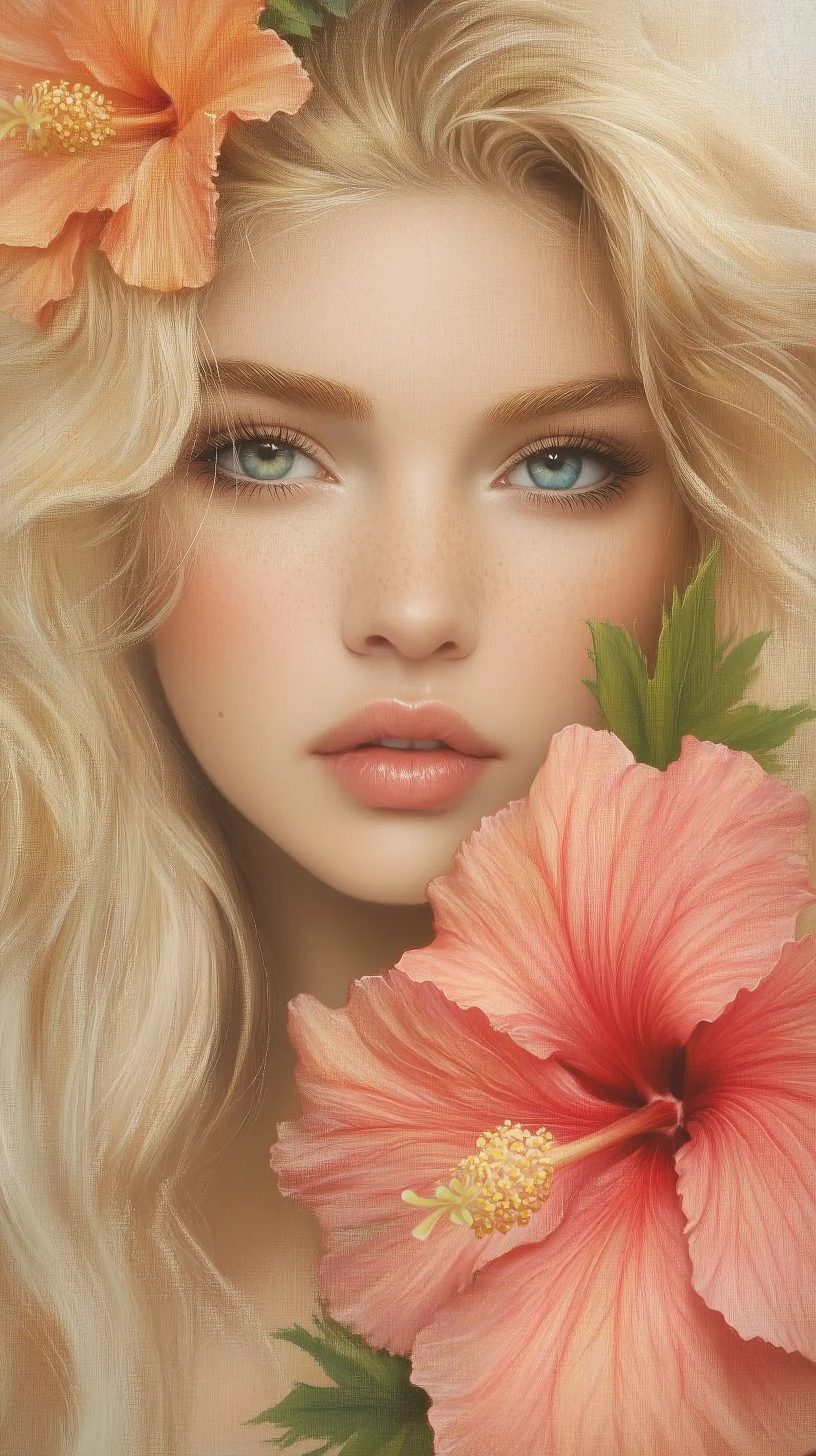 Hyper-Realistic Blonde with Hibiscus Midjourney提示词