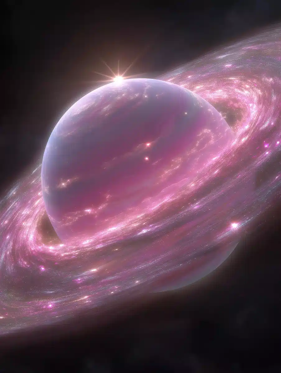 Enigmatic Planet with Dust Rings Midjourney提示词