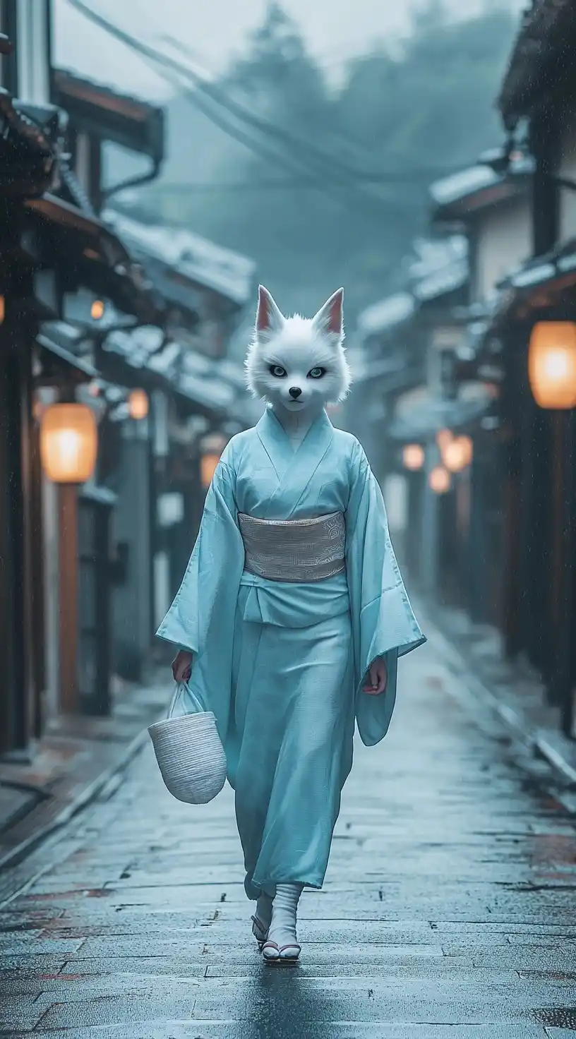 Cinematic Fox Cosplay in Kyoto Midjourney提示词