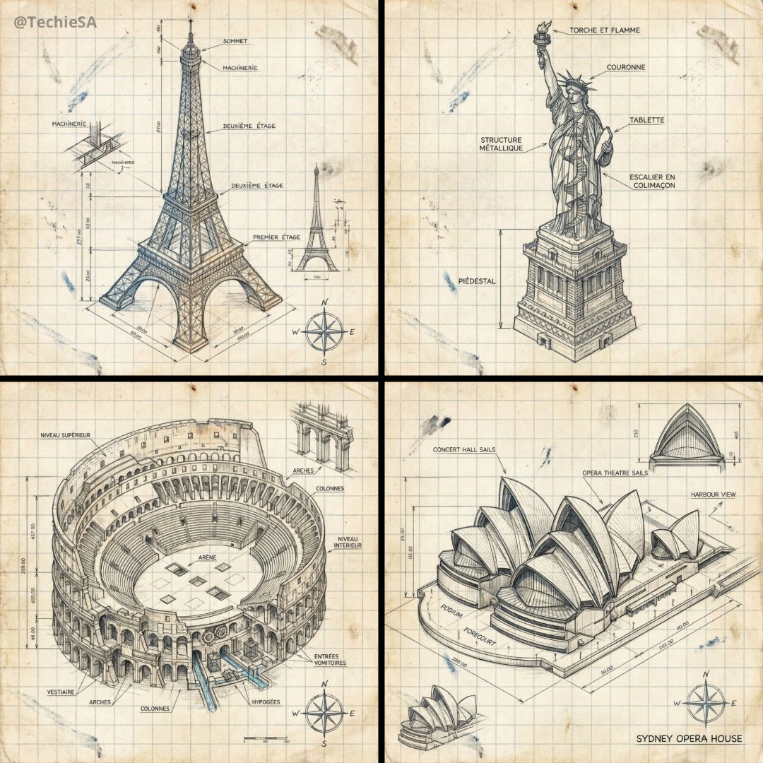 Architectural Blueprints of World Landmarks | Vintage Design Nano Banana提示词