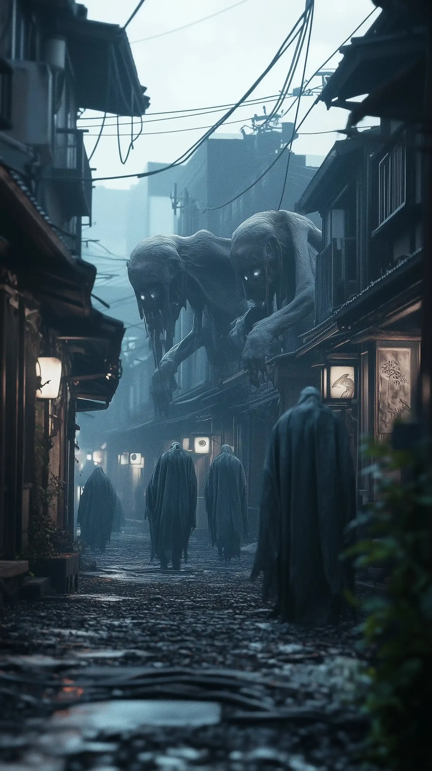 Ominous Twilight Japanese Town Midjourney提示词