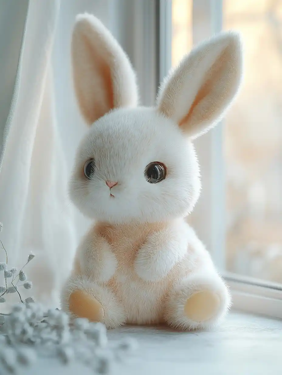 Plush Rabbit by Window Midjourney提示词