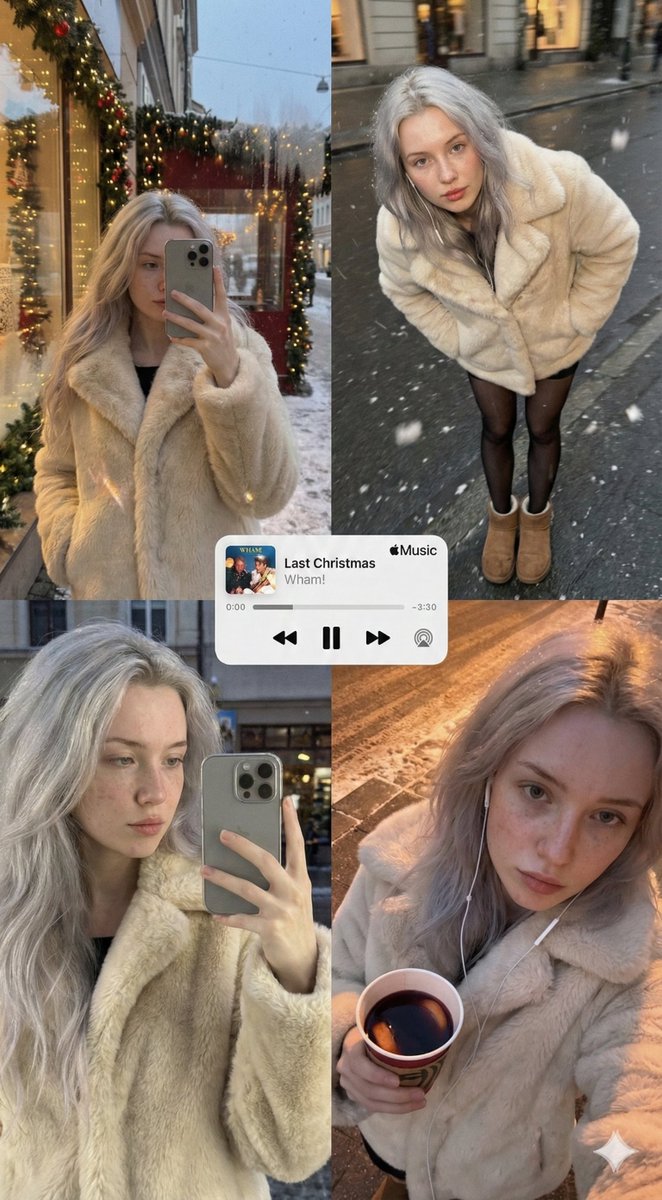 Woman in Faux Fur Coat, Snowy Christmas City Vibes Nano Banana提示词