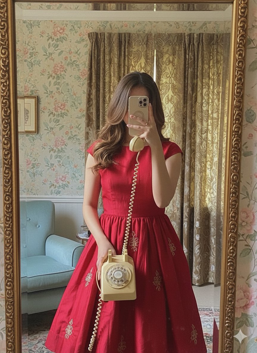 Vintage Red Dress Mirror Selfie with Retro Phone Nano Banana提示词