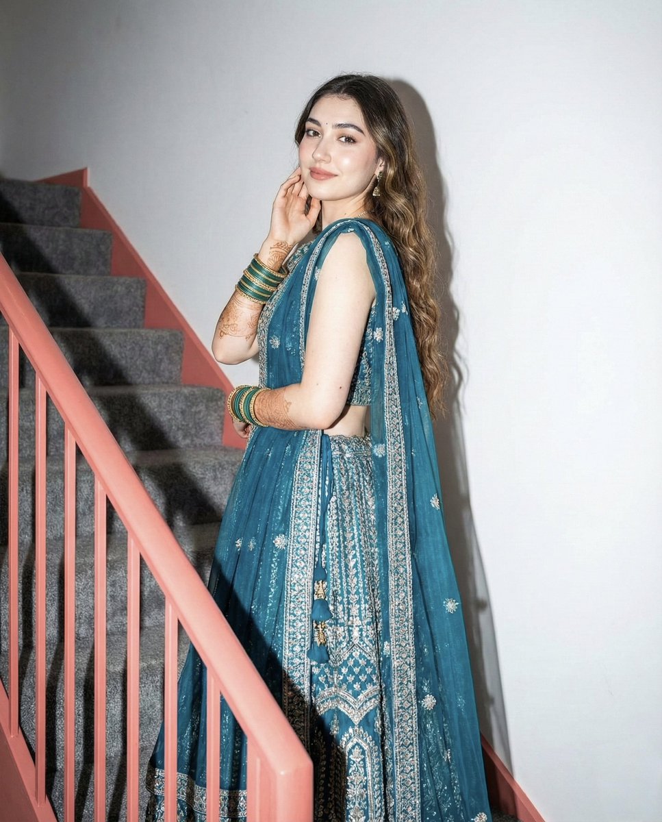 Elegant Woman in Teal Lehenga with Mehndi and Bangles Nano Banana提示词