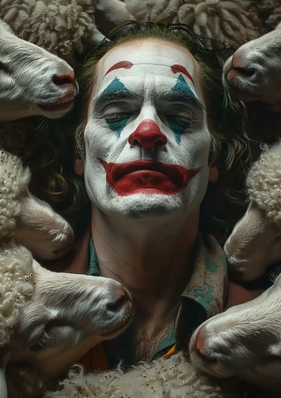Joker Close-Up Among Sheep Midjourney提示词