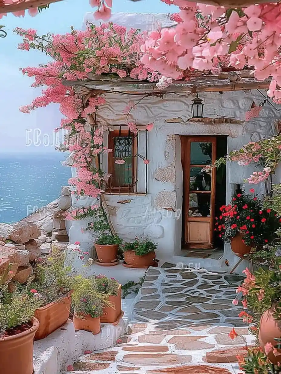 White Greek Villa Path Midjourney提示词