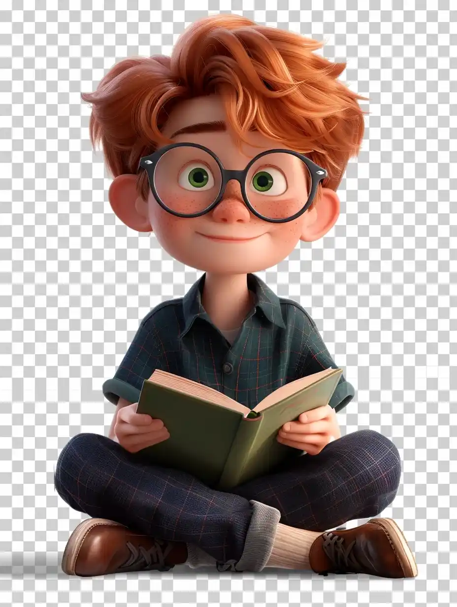 Pixar Boy Reading Book Midjourney提示词