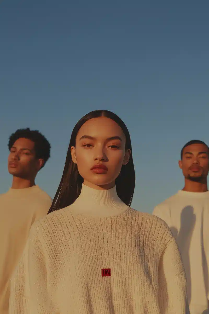 Cinematic Fashion Trio Against Sky Midjourney提示词