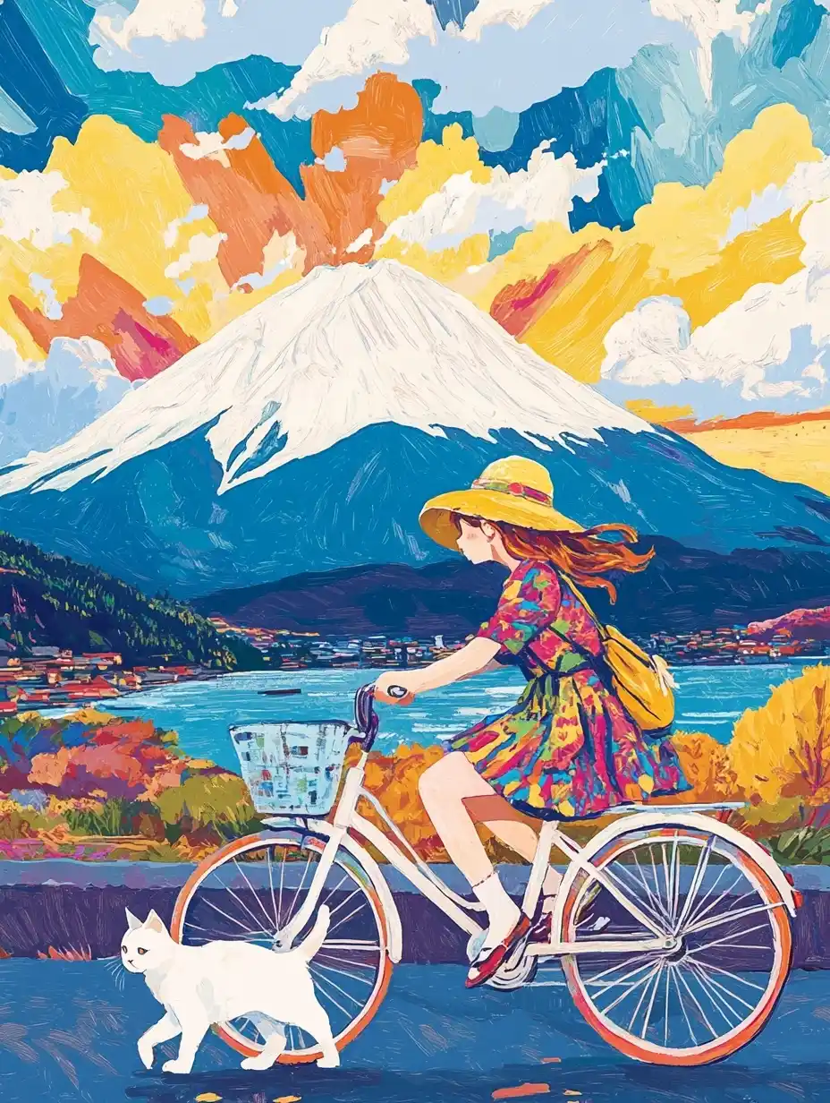 Psychedelic Girl Biking Fuji Midjourney提示词