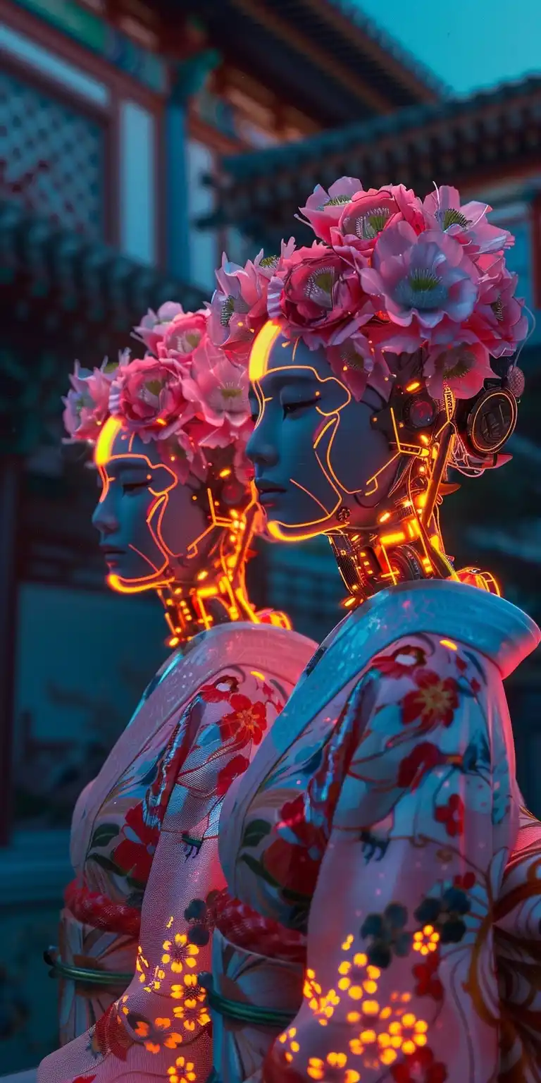 Floral Cyberpunk Geishas Midjourney提示词