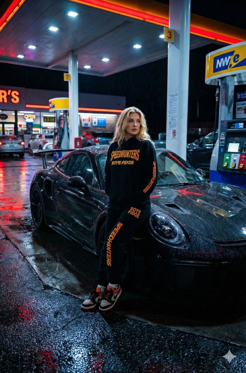 Moody Urban Fashion: Woman & Porsche at Night Gas Station Nano Banana提示词