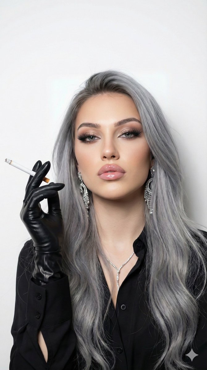 Glamorous Woman with Grey Hair and Black Gloves Portrait Nano Banana提示词