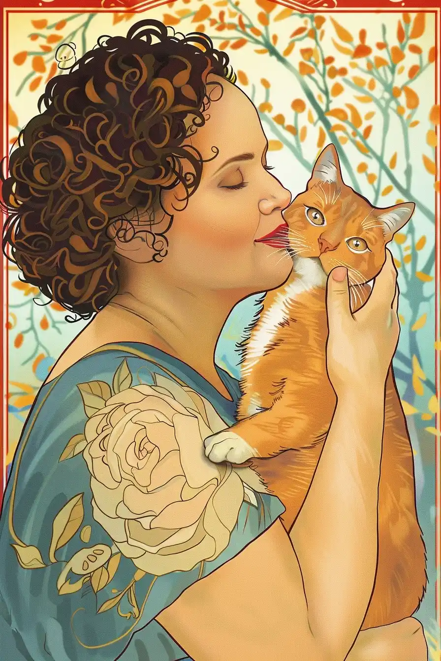 Art Nouveau Woman with Cat Midjourney提示词