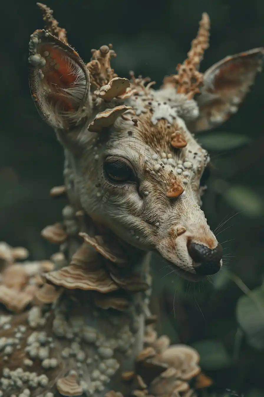 Fungal Deer in Dark Realism Midjourney提示词