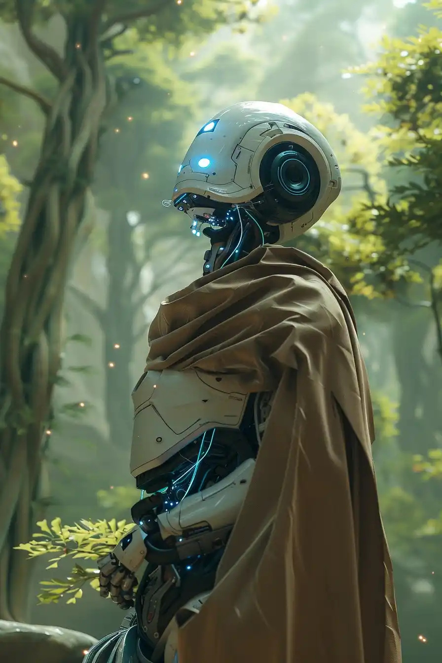 High-Tech Robot in Forest Midjourney提示词